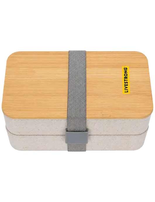 Double Decker Natural Ivory Lunch Box w/Eco-Friendly FSC Bamboo Lid & Reusable Utensils w/LIVESTRONG Logo