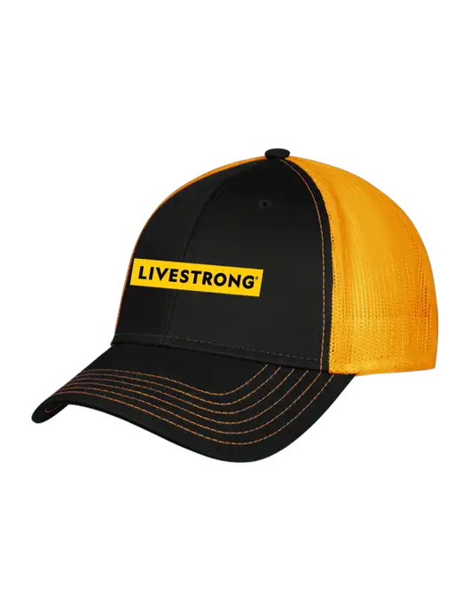 Black/Black/Gold Mesh Gold Stitching on Bill Trucker Cap Snap Back

 w/LIVESTRONG Logo