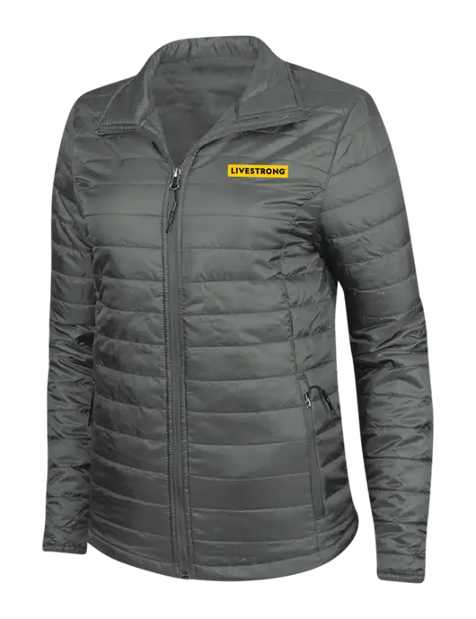 Dark Grey Womens Puffy Packable Jacket w/LIVESTRONG Logo