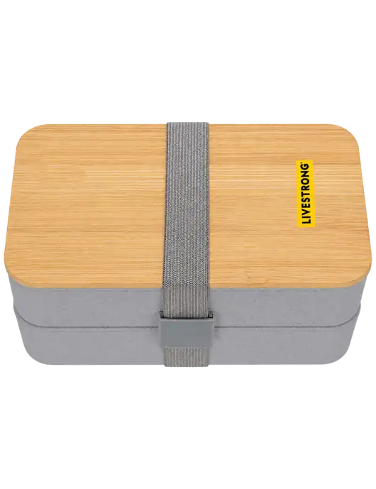 Double Decker Light Medium Grey Lunch Box w/Eco-Friendly FSC Bamboo Lid & Reusable Utensils w/LIVESTRONG Logo
