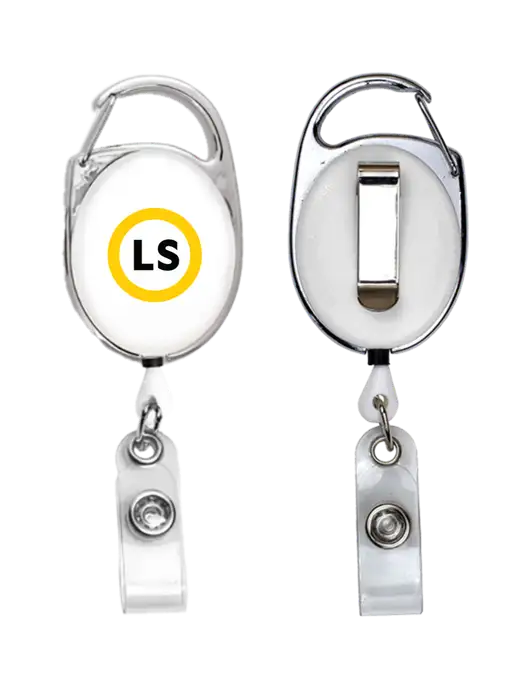 White Carabiner Style Badge Reel and Badge Holder w/LS Circle Logo